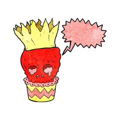 spooky skull cupcake cartoon with speech bubble