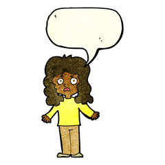 cartoon worried woman with speech bubble