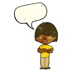 cartoon man with crossed arms with speech bubble