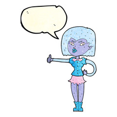 cartoon vampire girl giving thumbs up with speech bubble
