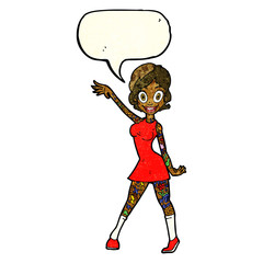 cartoon woman with tattoos with speech bubble