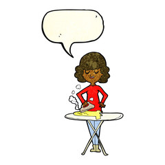 cartoon woman ironing with speech bubble