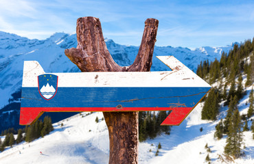 Slovenia Flag wooden sign with winter background