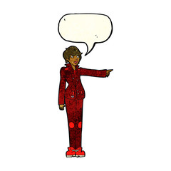 cartoon woman in leather jacket pointing with speech bubble