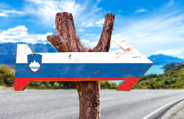 Slovenia Flag wooden sign with road background