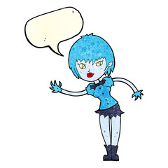 cartoon vampire girl welcoming with speech bubble