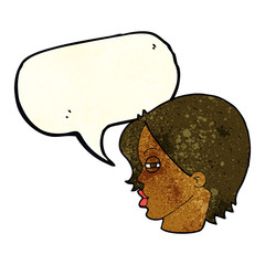 cartoon female face with narrowed eyes with speech bubble