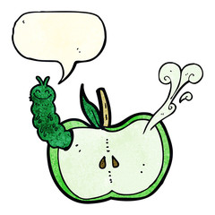 cartoon apple with bug with speech bubble
