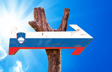 Slovenia Flag wooden sign with sky background