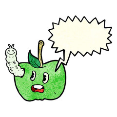 cartoon apple with bug with speech bubble