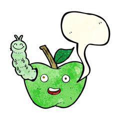 cartoon apple with bug with speech bubble