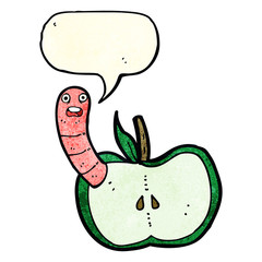cartoon apple with worm with speech bubble