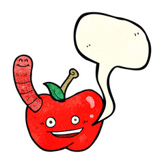 cartoon apple with worm with speech bubble