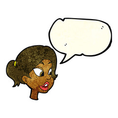 cartoon friendly woman with speech bubble