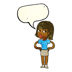 cartoon happy woman with hands on hips with speech bubble