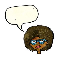 cartoon woman wearing spectacles with speech bubble