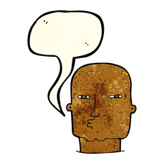 cartoon bald tough guy with speech bubble