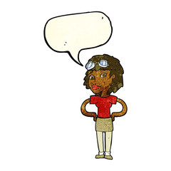 cartoon retro pilot woman with speech bubble