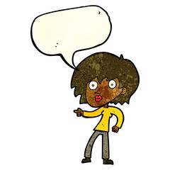 cartoon surprised woman pointing with speech bubble