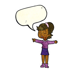 cartoon happy woman pointing with speech bubble