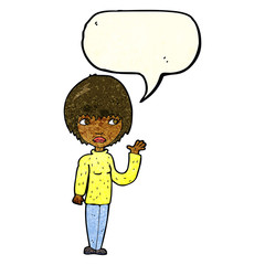 cartoon woman waving with speech bubble