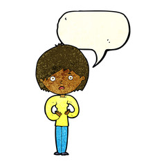 cartoon woman making Who Me? gesture with speech bubble