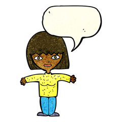 cartoon woman with open arms with speech bubble