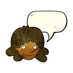 cartoon happy female face with speech bubble