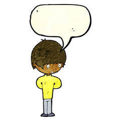 cartoon nervous boy with speech bubble