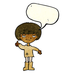 cartoon boy in poor clothing giving thumbs up symbol with speech