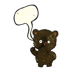 cartoon waving black bear cub with speech bubble