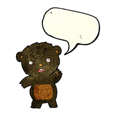 cartoon waving black bear cub with speech bubble