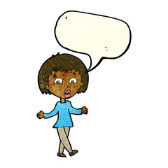 cartoon woman shrugging shoulders with speech bubble