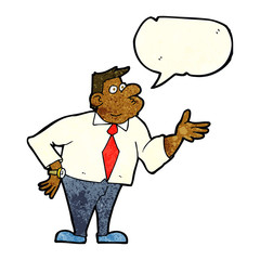 cartoon businessman asking question with speech bubble