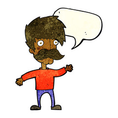 cartoon man with mustache waving with speech bubble