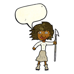 cartoon woman with spear with speech bubble