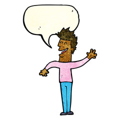 cartoon happy man waving with speech bubble