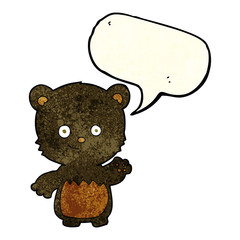 cartoon black bearcub waving with speech bubble
