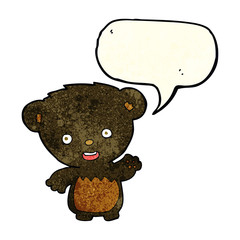 cartoon black bearcub waving with speech bubble