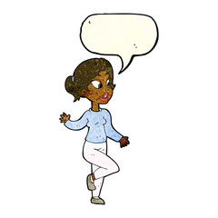 cartoon friendly woman waving with speech bubble