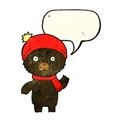cartoon waving black bear with speech bubble