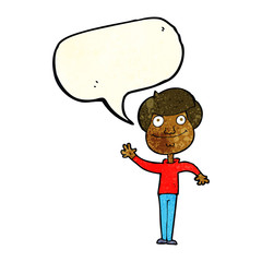 cartoon happy man waving with speech bubble