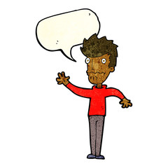 cartoon worried man reaching out with speech bubble