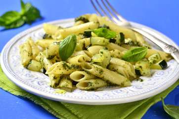 Penne with zucchini and basil pesto.