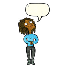 cartoon woman looking upwards with speech bubble