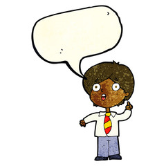 cartoon schoolboy answering question with speech bubble