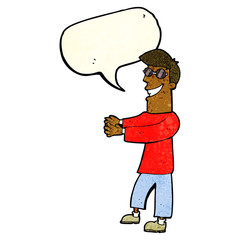 cartoon grinning man wearing glasses with speech bubble