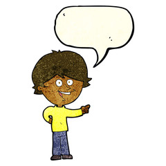 cartoon boy laughing and pointing with speech bubble