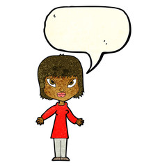 cartoon woman with open arms with speech bubble