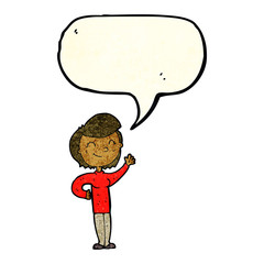cartoon friendly waving woman with speech bubble